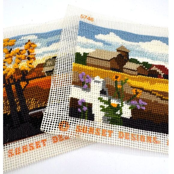 PR Vintage Unframed Needlepoint Farm Rural Scenes - Picture 1 of 5